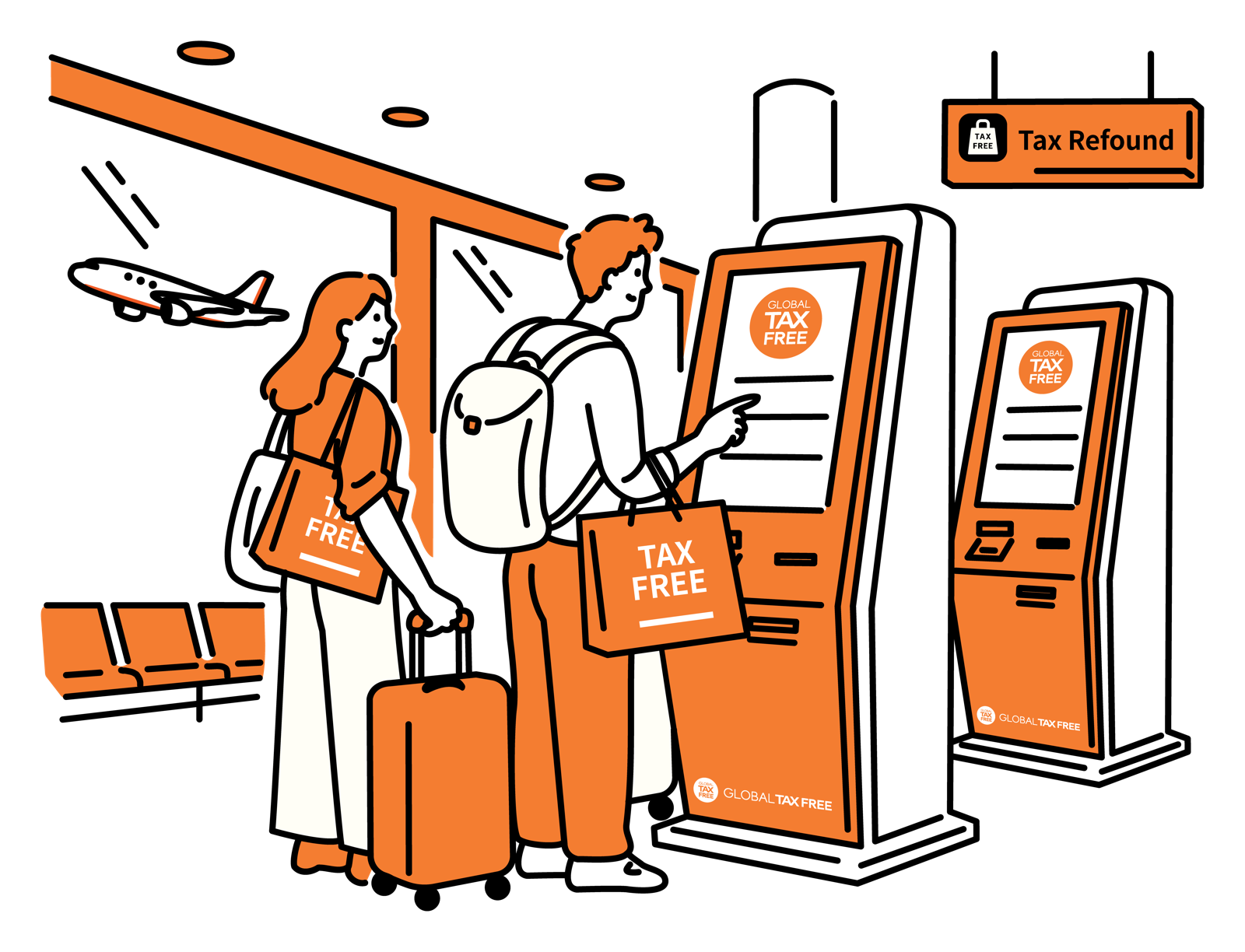 Illustration of travelers completing tax-free procedures at the airport