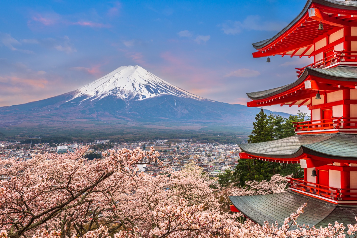 富士山と五重塔、桜の風景